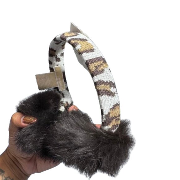 NWT Michael Kors Leopard Wool & Faux Rabbit Fur in Brown & Grey Earmuffs - Picture 3 of 6